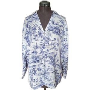 SM Joie 100% Linen Blue & White Toile Tropical Button Down Bird Palm Tree